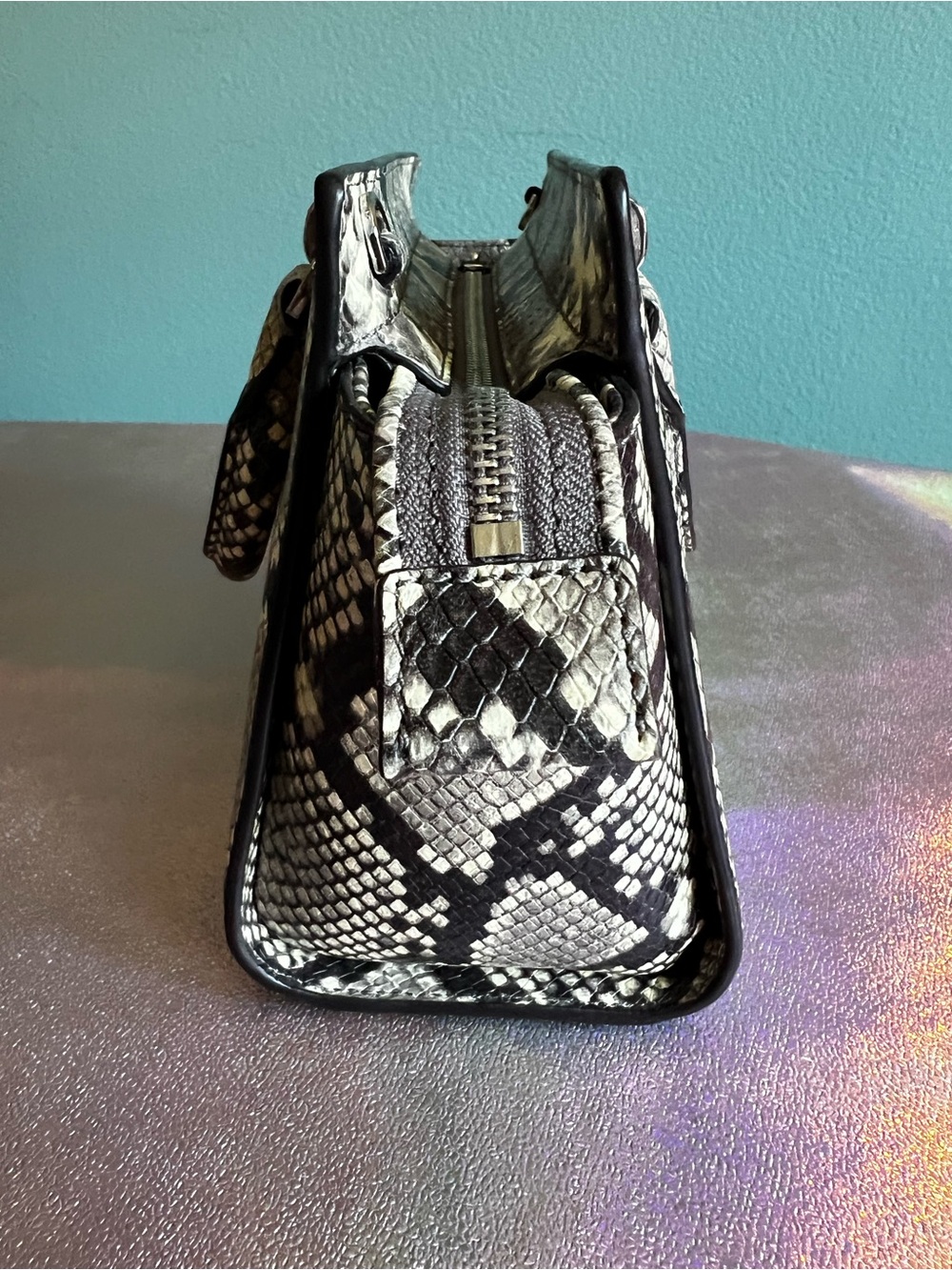 Michael Kors Black and White Python Embossed Leather Satchel - Picture 3 of 8